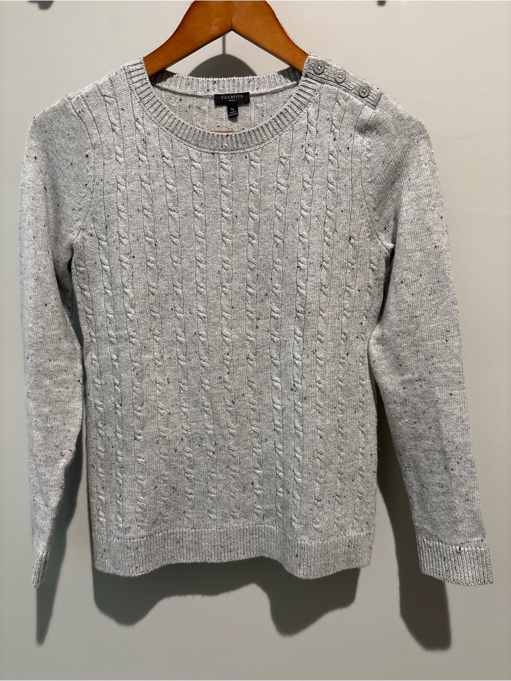Talbots Light Gray Speckled Cable Knit Crewneck Sweater with Shoulder Buttons